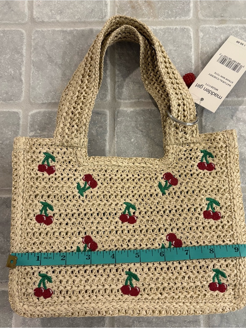 Madden Girl Natural Straw Mini Tote with Red Cherry Embroidery - Picture 2 of 7